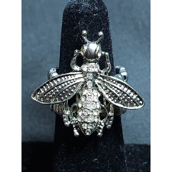 Jewelry - Bee-Shaped Rhinestone Stretch Ring In Silver Tone With Adjustable Band For Women